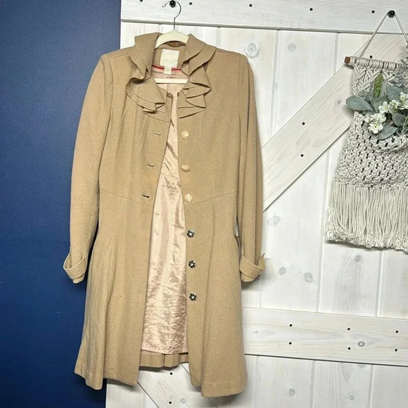 McGinn Long Tan Wool Ruffle Collar Coat Size 6 - Picture 1 of 11